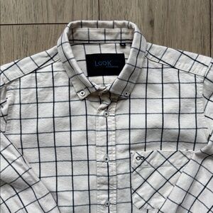 Look Camiseros Mens Medium Tan Windowpane Button Down Shirt Cotton Casual